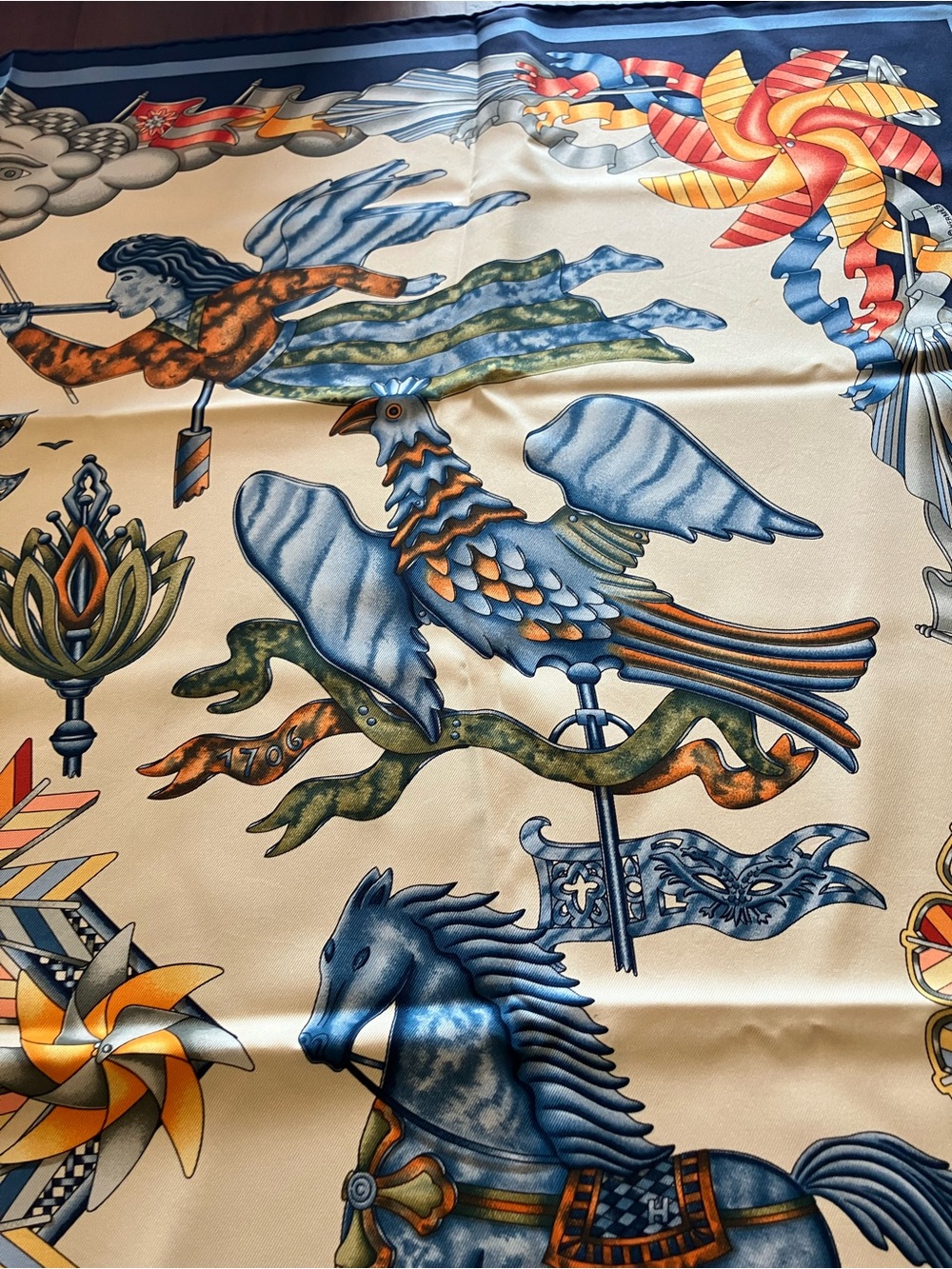Hermes Blue and Cream Silk Scarf with Carousel Horse Motif - Picture 3 of 11